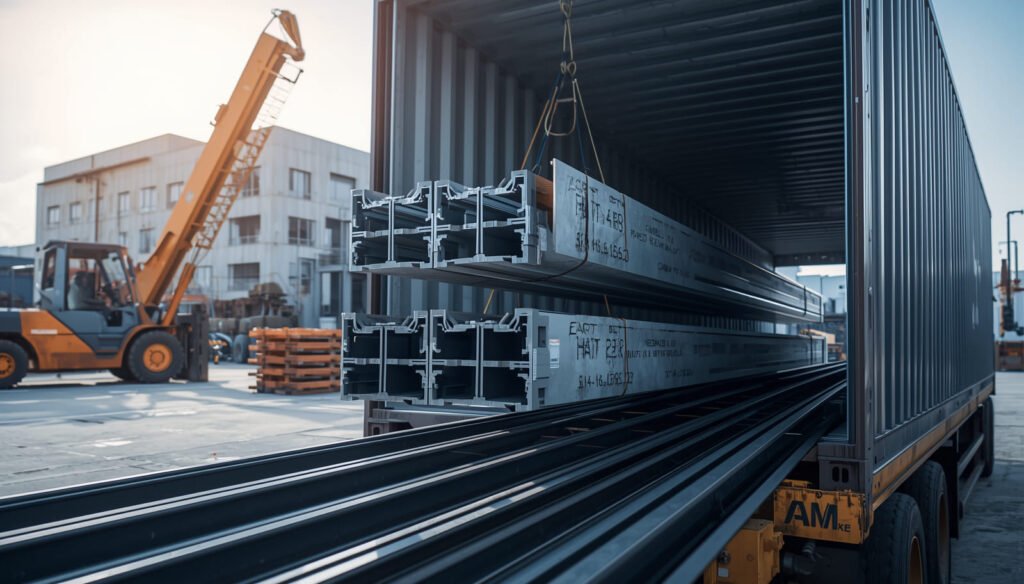 Steel beams being loaded into a shipping container at an industrial yard for overseas construction supply.