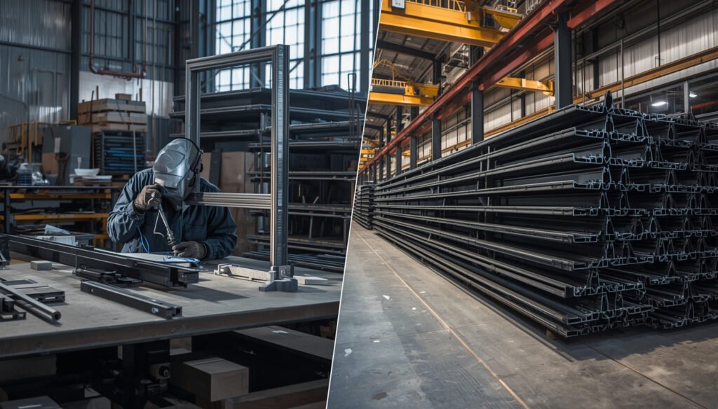Welder fabricating a custom steel frame beside stacked standard steel beams in an industrial warehouse.