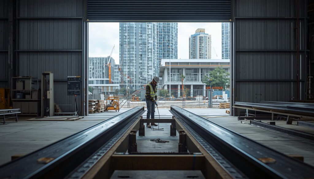 Steel fabricator working inside a large industrial workshop with structural beams and a Sydney construction site in the background.
