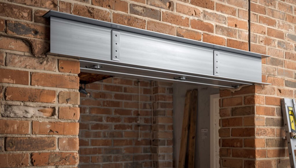 Steel lintel installed above a brick wall opening during building construction.