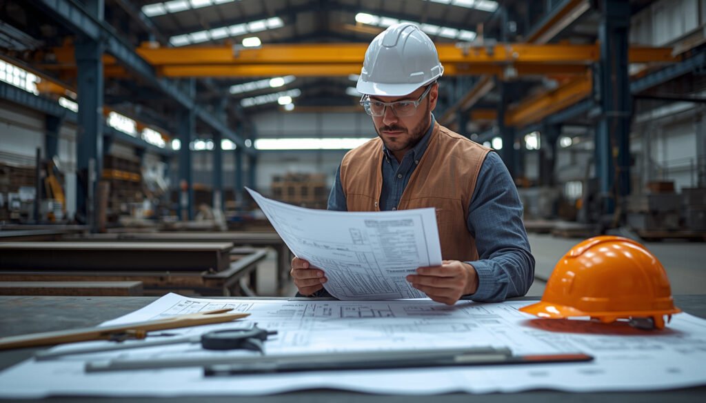 Engineer reviewing structural steel fabrication drawings inside an industrial workshop with safety helmets and tools nearby.